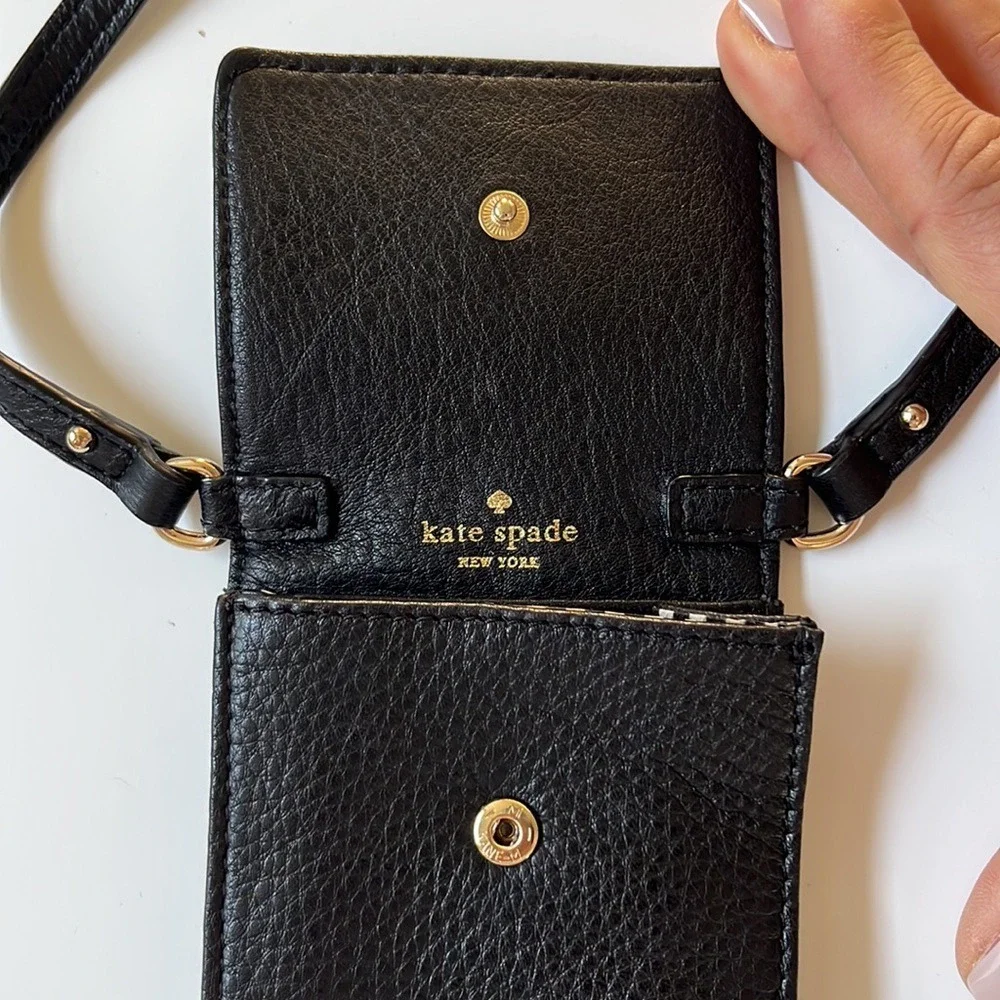 Kate Spade Phone Crossbody‎ Bag Womens Small Black Pebbled Leather Gold Logo